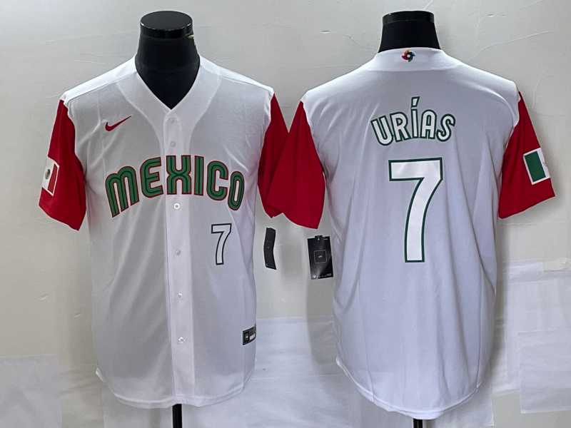 Men%27s Mexico Baseball #7 Julio Urias Number 2023 White Red World Classic Stitched Jersey 36
